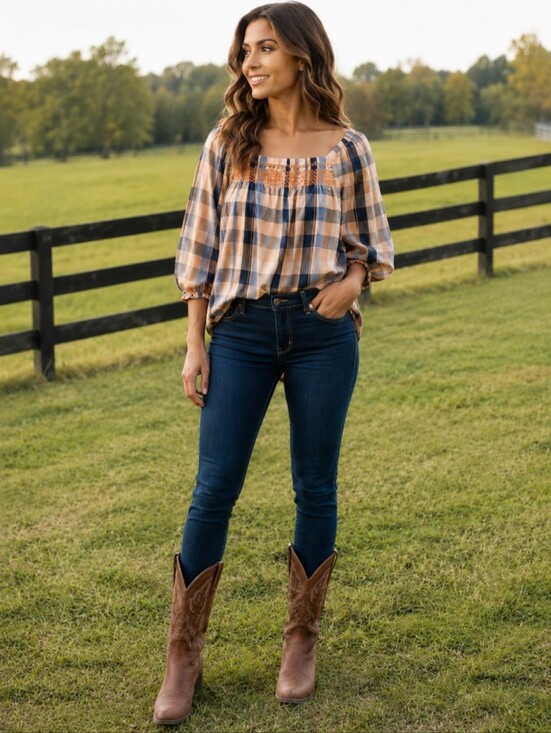 Cleo + Wolf Tops - Cleo + Wolf Plaid Smocked Western Boho Vibe Peasant Blouse Large EUC
